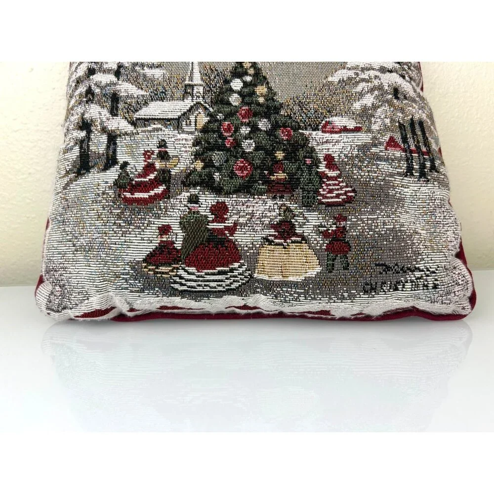 Tapestry Christmas Holiday Pillow 12x12 Tree Church Carolers Victorian Winter